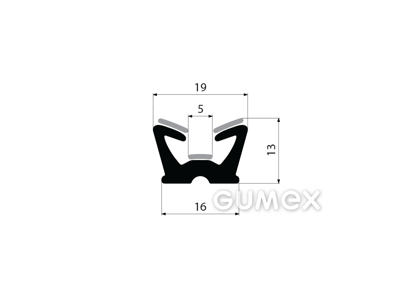 "U" Gummiprofil mit Samt, 13x19/5mm, Länge 5000mm, 70°ShA, EPDM, -40°C/+100°C, schwarz, 